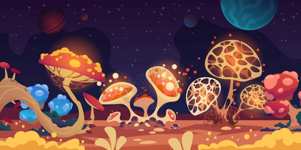 外星景观奇幻空间背景有多彩的怪兽蘑菇神奇的游戏植物奇妙的闪耀格列贝和黑暗夜空有行星或恒矢量可怕的外星人景色异形观奇幻空间背景神奇背景图片