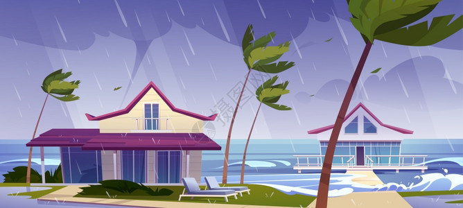 热带海滩上下雨龙卷风矢量插画背景图片