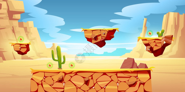 游戏平台卡通沙漠景观计算机或移动的2D设计有绿色仙人掌岩石或山脉的峡谷带有跳跃奖金项目或自然位置的街机元素背景游戏平台卡通沙漠景图片