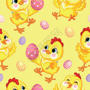 带复活节概念的无缝矢量模式可爱鸡和东方蛋在黄色背景上孤立的多彩插图打印t恤衫设计壁纸装饰纺织单衬无缝模式带有可爱鸡和东方蛋的无缝图片