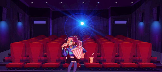 电影院的年轻女青在电影厅的屏幕前独自坐在电影院大厅的屏幕前观看非常有趣的电影张开嘴卡通矢量插图电影院的年轻女青在电影院的轻女郎和图片