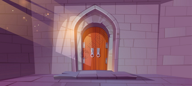中世纪地牢或城堡内用木制拱门和石砖墙壁进入宫殿时阳光照穿过铁窗背景图片