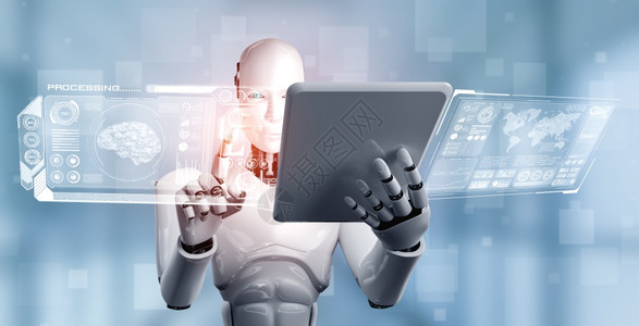 在第四次工业革命的人智能和机器学习过程中使用平板电脑进行人工智能思考大脑人工智能和机器学习的第四次工业革命3D插图在人工智能思考图片