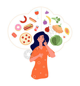 健康的食物饮与良好之间的平衡妇女选择新鲜饮食与快餐之间的平衡体重过的病媒概念妇女选择不健康营养或饮食说明不的食物营养与良好饮食平图片