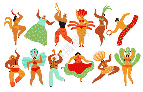 嘉年华舞者卡波埃拉巴西人蹈节桑巴西人舞蹈矢量字符集嘉年华人狂欢舞蹈节日插图喜庆巴西人舞蹈矢量字符集图片