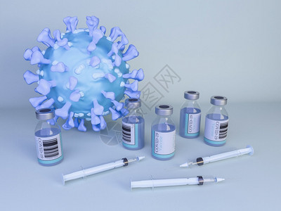 3d说明新冠细胞配有共食19种疫苗和注射器医学科概念图片