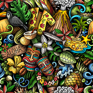 卡通doodles夏威夷无缝图案以夏威夷文化符号和项目进行回击色彩繁多的细节包括织物纺品贺卡电话箱围巾包装纸上打印的许多对象背景图片