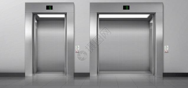 客运电梯和货在走廊开着门矢量现实的空代室内装有电梯金属面板扣子和地显示在旅馆办公室或房屋大厅的墙上图片