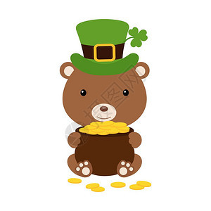 捧着金币的带绿色帽子的小熊图片