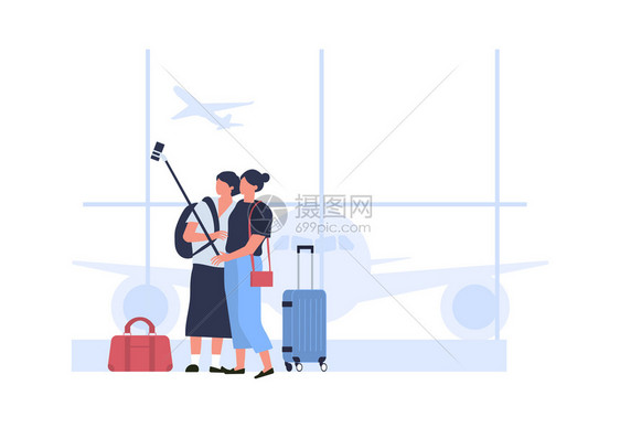 人们在机场候厅自拍在矢量机场旅行自拍人员在旅游假日和度旅行者插图在机场候厅自拍人员在机场候厅内自拍图片