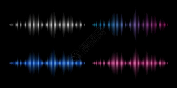 媒体动态音波乐频率抽象电子音轨金属红色和蓝波形能量矢设置说明波声轨频率音乐平衡彩虹发光声波抽象电子轨音乐平衡器彩虹发光音波红和蓝色形能量插画