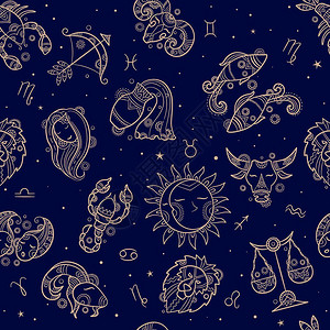 天文无缝黄铜瓜符号纺织型样设计星座概念鱼的图鲁斯狮子宝石蝎矢量天文学说明人马座和北极星角体宝石天文学无缝纺织品型状设计星座概念鱼图片