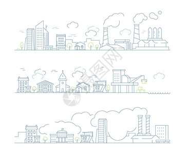 工业城市景观厂烟雾建筑和蒸云传输不良环境矢量直线背景说明烟雾城市工厂建筑和污染图片