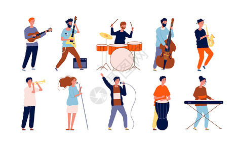 音乐家角色以不同姿势创作的表演者以不同姿势奏乐器和唱歌矢量音乐家带器的人音演奏会表插图音乐家人物以不同姿势创作的表演者以音乐器和图片