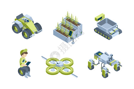 农业自动处理工机器人智能拖拉机收割生态温室矢量等组智能农场机器人花园图解自动系统智能农场生态温室矢量组图片