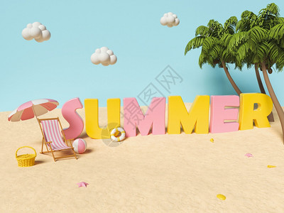 3d带有热海滩元素的夏季文字横幅设计暑假概念图片