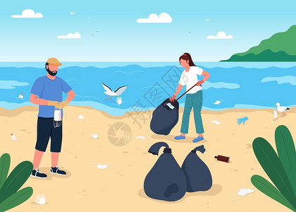 清理海滩的医疗垃圾插画图片
