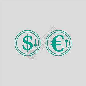 下跌美元和增长的欧元硬币图标绿色的灰背景矢量说明图片