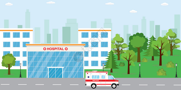 现代医院大楼救护车和公园附近城市建筑背景图片