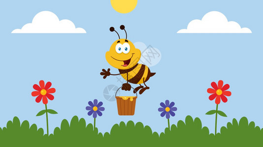 花丛中手提蜂蜜桶的蜜蜂矢量插画图片
