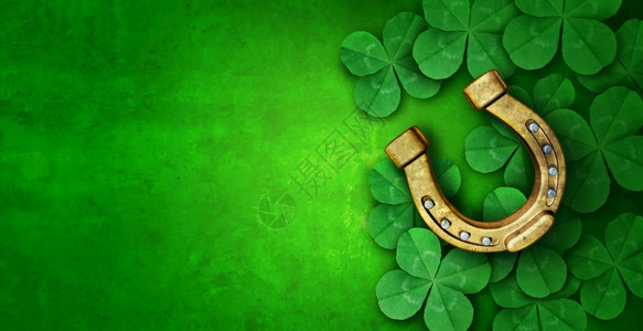 圣帕特里克日的幸运符如绿色大锤和一匹马鞋作为木叶背景圣帕特里克庆典象征和爱尔兰传统节日的季春偶像以3D成形元素作为爱尔兰传统庆典图片