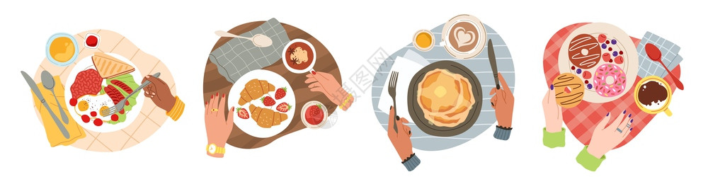 早餐面包煎饼羊角面包甜圈咖啡厅或餐馆食品病媒流行卡通风格概念咖啡厅或餐馆食品病媒流行卡通概念图片