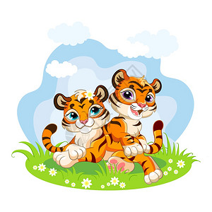 幸福菜可爱的漫画小老虎在开阔的草地上玩耍矢量孤立插图对于明信片