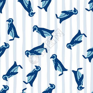 无缝随机动物园模式有蓝色企鹅环影打印有条纹的浅背景适合织物设计纺品印刷包装封面矢量插图无缝随机动物园模式有条纹的浅背景图片