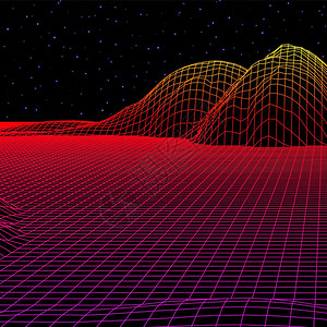 以80年代的电线框架网状80年代的陆景图案以红色山峰或丘为背景的三维结构以追溯式计算机游戏或科学为背景的三维结构图片