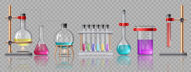 现实化验室设备玻璃管瓶燃烧器和装有化学品的玻璃瓶化学实验室试矢量组说明实验室研究玻璃测试设备化学实验室试矢量组图片