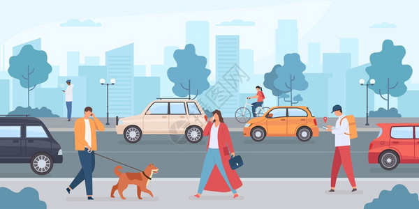 狗和人城市公路上的汽车带狗在街上骑自行车插画