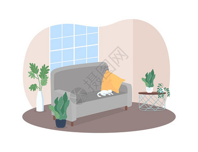 带有灰沙发2D矢量网络横幅的客厅海报猫睡在沙发上家庭在卡通背景上的公寓场住宅区内可打印的章多彩网络元素灰沙发矢量网站横幅的客厅图片