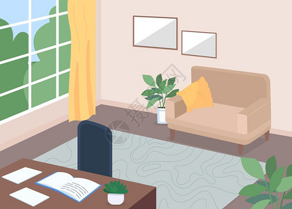 学习室平板彩色矢量图有开放教科书的课桌上有书本家具的客厅室内柜家庭之2D卡通室内背景沙发有办公桌平板彩色矢量图的学习室图片