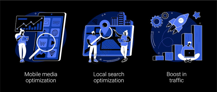 SEO战略抽象概念矢量图解移动媒体优化本地搜索推动交通搜索引擎定位商业数字促进游客增长暗模式隐喻SEO战略抽象概念矢量图解图片