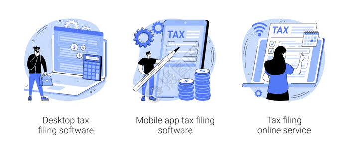 税务软件程序抽象概念矢量插图集桌面税务存档软件移动应用程序和在线服务收入报表IRS格收集文书抽象隐喻税务软件程序抽象概念矢量图集图片