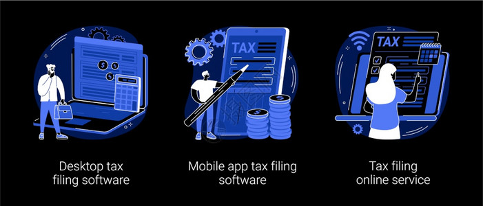 税务软件程序抽象概念矢量插图桌面税务存档软件移动应用程序和在线服务收入报表IRS格收集文书件黑暗模式隐喻税务软件程序抽象概念矢量图片