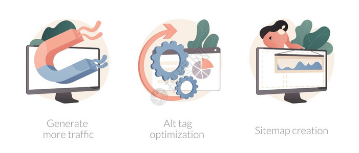 SEO在线服务抽象概念矢量插图集生成更多的流量自动标记优化站点图创建页面导航搜索引擎营销研究抽象隐喻SEO在线服务抽象概念矢量插图片