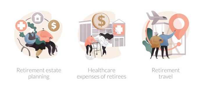 退休财产规划人员的保健费用养恤金旅行老年人的医疗保健险抽象隐喻养恤金抽象概念矢量图图片