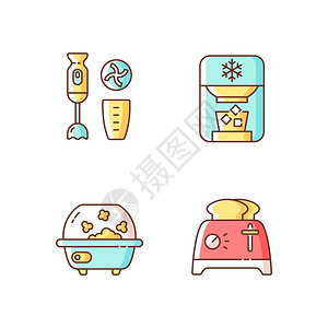 家用电器RGB彩色图标集成Immersion搅拌机冰粉爆米花准备面包切片的Toaster烹饪电子技术孤立的矢量插图图片