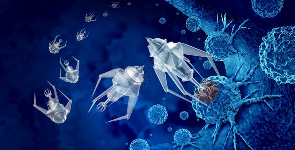 纳米技术医疗以及未来的学概念作为一组微型纳米机器人或被编程用于杀癌细胞或人类疾病作为3D制成的未来保健治疗象征背景图片