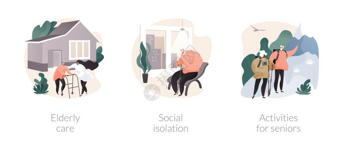 老年一代生活方式抽象概念矢量插图老年人护理社会孤立老年人活动家庭护理医疗保健退休人员伴侣援助抽象隐喻老年人生活方式抽象概念矢量插图片