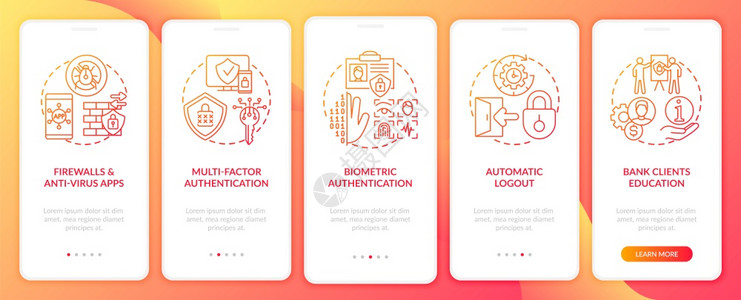 带有概念的移动应用程序网页屏幕上的银行安全工具网络通过5步图示指带有RGB颜色插图的UI矢量模板带有概念的移动应用程序网页屏幕上背景图片