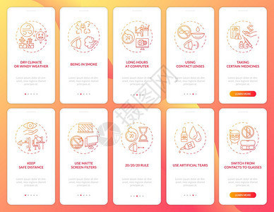 使用设置概念的移动应用程序页面屏幕上眼部健康将痛苦疾病的眼睛从痛苦疾病中切开10步的图形指示配有RGB彩色插图的UI矢量模板装有图片
