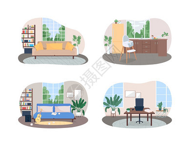 家庭空间2D矢量网络横幅海报集客厅有高椅子的厨房有办公桌的工作场所卡通背景的现代室内公寓可打印的家用补丁多彩的网络元素包家用空间图片