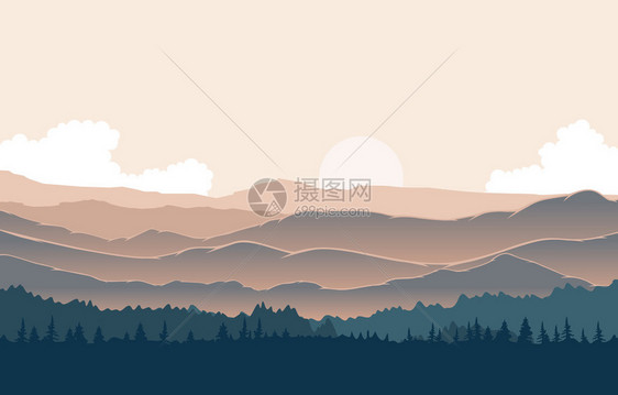 单色平板中和山区全景观说明图片