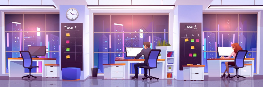 在夜间工作场所的办公室工作人员在办公桌前坐的男女后视线在计算机前工作用市视卡通矢量插图等宽度楼层至天顶窗口前的计算机工作夜间场所图片