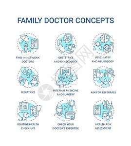 家庭医生蓝色概念图标集成网络内医生要求转诊专业医疗服务理念细线RGB颜色插图矢量孤立的大纲图画可编辑中风图片