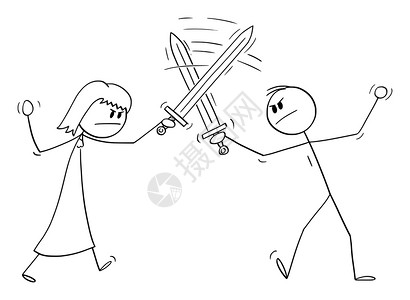 男女用矢量卡通插图或格进行战斗男女用打架关系问题矢量卡通棒图一说明背景图片