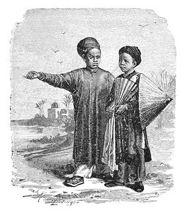 来自阿纳姆的当代越南儿童现亚洲文化和历史古老的黑白图解19世纪阿纳姆儿童现代越南亚洲历史和文化古代传统说明19世纪图片