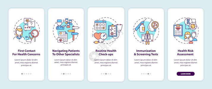 家庭医生在带概念的移动应用程序页面屏幕上承担家庭医生的任务疗保健通过五步图形说明UIUX带有线颜色插图的形用户界面矢量模板家庭医背景图片